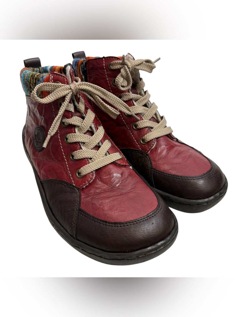 RIEKER Women's Red and Brown Leather Lace-Up Ankle Boots NWOT $130